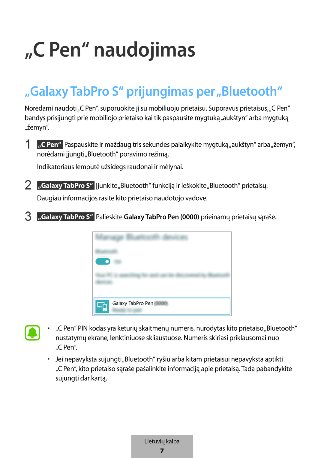 Samsung EJ-PW700CBEGWW manual „C Pen naudojimas, „Galaxy TabPro S prijungimas per„Bluetooth 