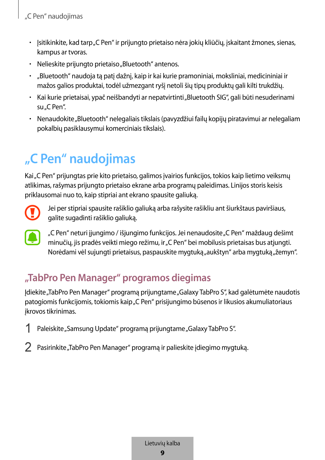 Samsung EJ-PW700CBEGWW manual „C Pen naudojimas, „TabPro Pen Manager programos diegimas 