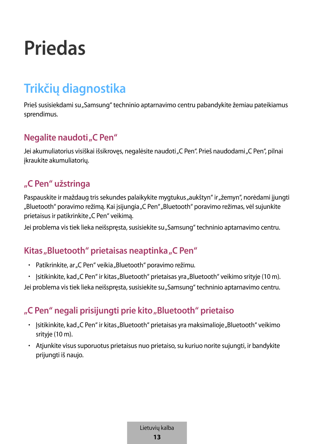 Samsung EJ-PW700CBEGWW manual Priedas, Trikčių diagnostika 