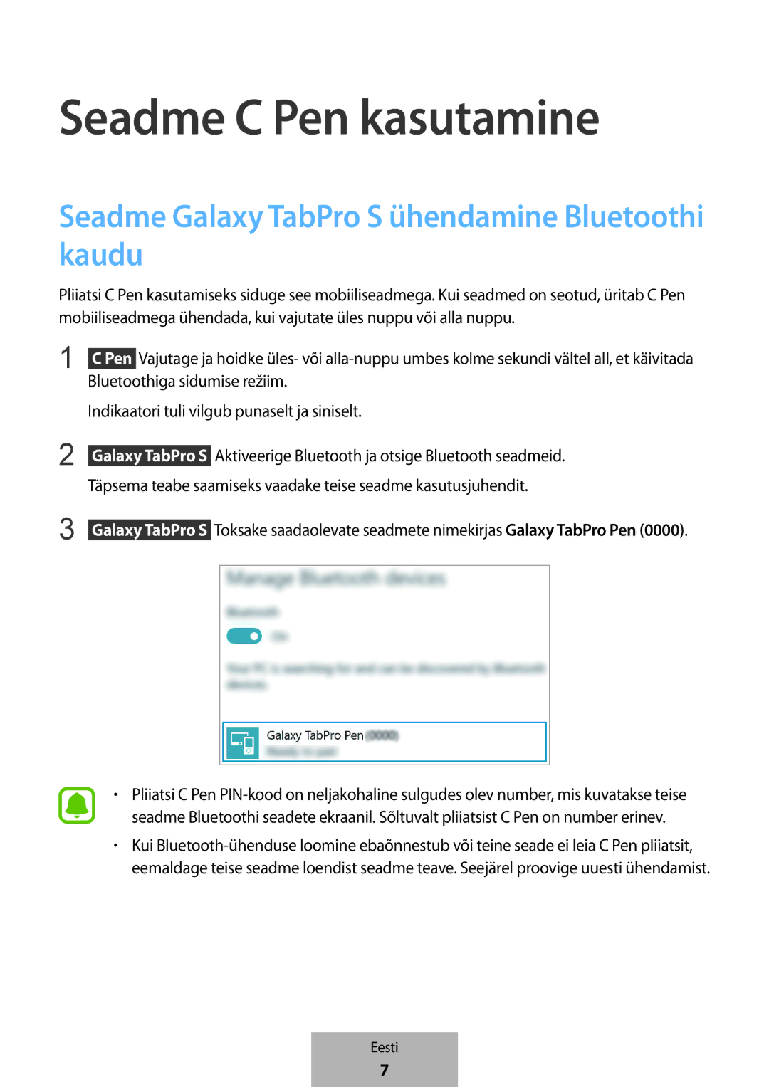 Samsung EJ-PW700CBEGWW manual Seadme C Pen kasutamine, Seadme Galaxy TabPro S ühendamine Bluetoothi kaudu 