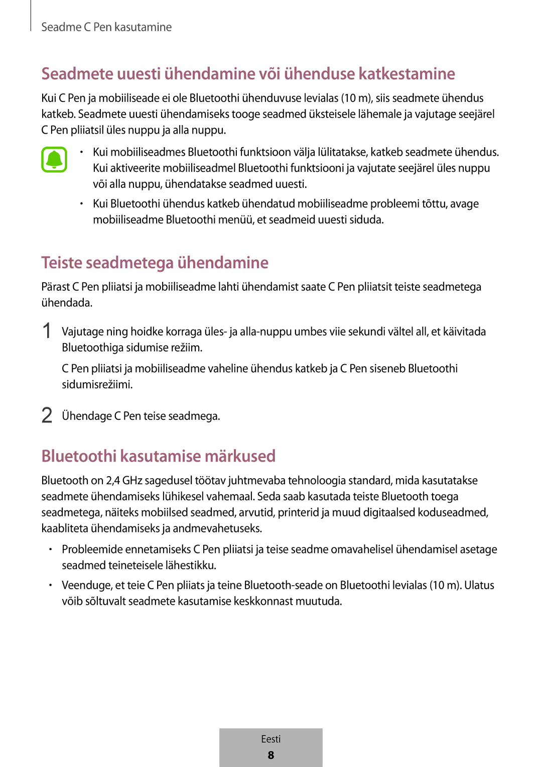 Samsung EJ-PW700CBEGWW manual Seadmete uuesti ühendamine või ühenduse katkestamine, Teiste seadmetega ühendamine 