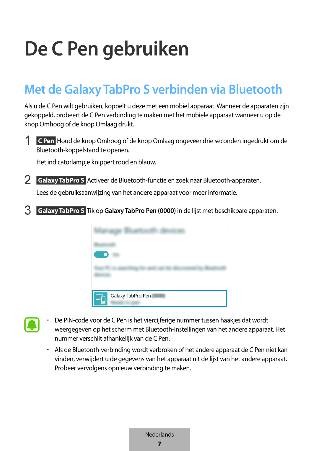 Samsung EJ-PW700CBEGWW manual De C Pen gebruiken, Met de Galaxy TabPro S verbinden via Bluetooth 