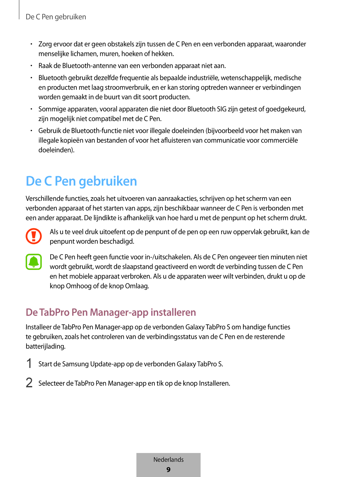 Samsung EJ-PW700CBEGWW manual De C Pen gebruiken, De TabPro Pen Manager-app installeren 