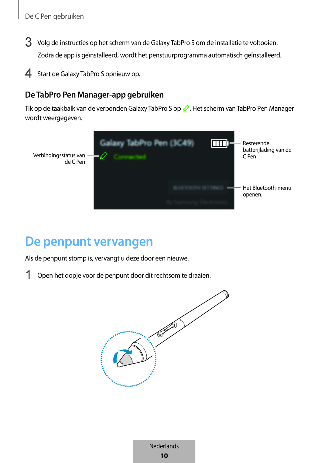 Samsung EJ-PW700CBEGWW manual De penpunt vervangen, De TabPro Pen Manager-app gebruiken 