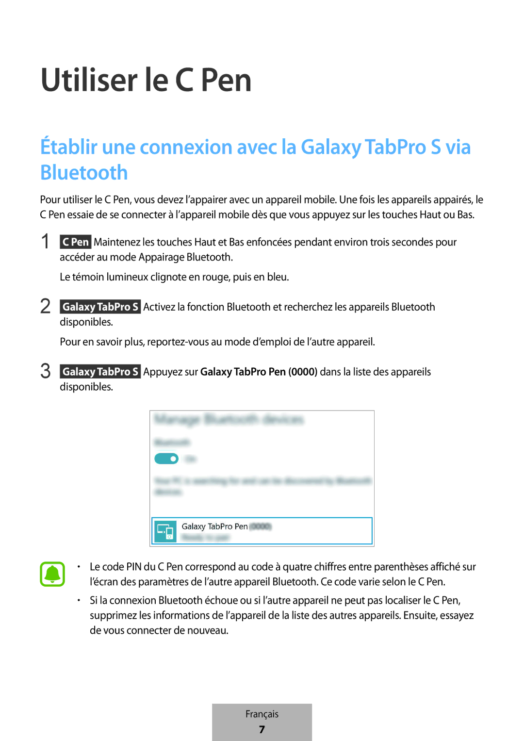 Samsung EJ-PW700CBEGWW manual Utiliser le C Pen, Établir une connexion avec la Galaxy TabPro S via Bluetooth 