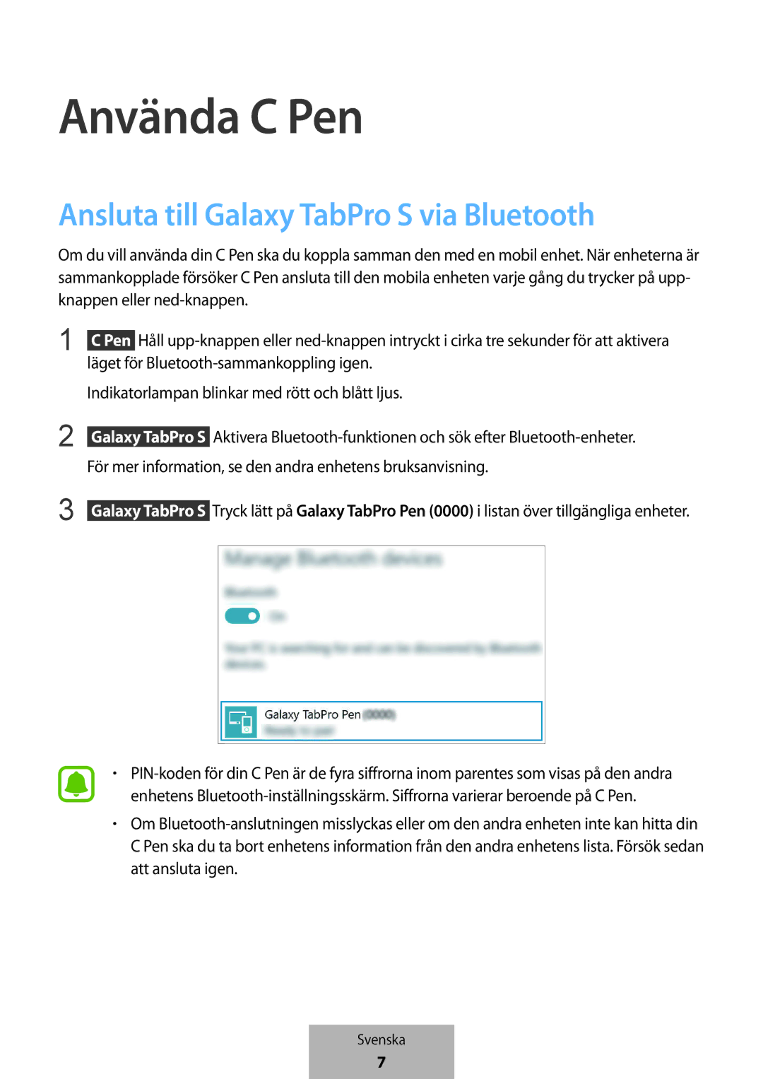 Samsung EJ-PW700CBEGWW manual Använda C Pen, Ansluta till Galaxy TabPro S via Bluetooth 