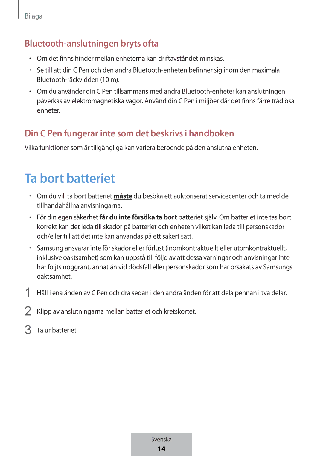 Samsung EJ-PW700CBEGWW manual Ta bort batteriet, Bluetooth-anslutningen bryts ofta 