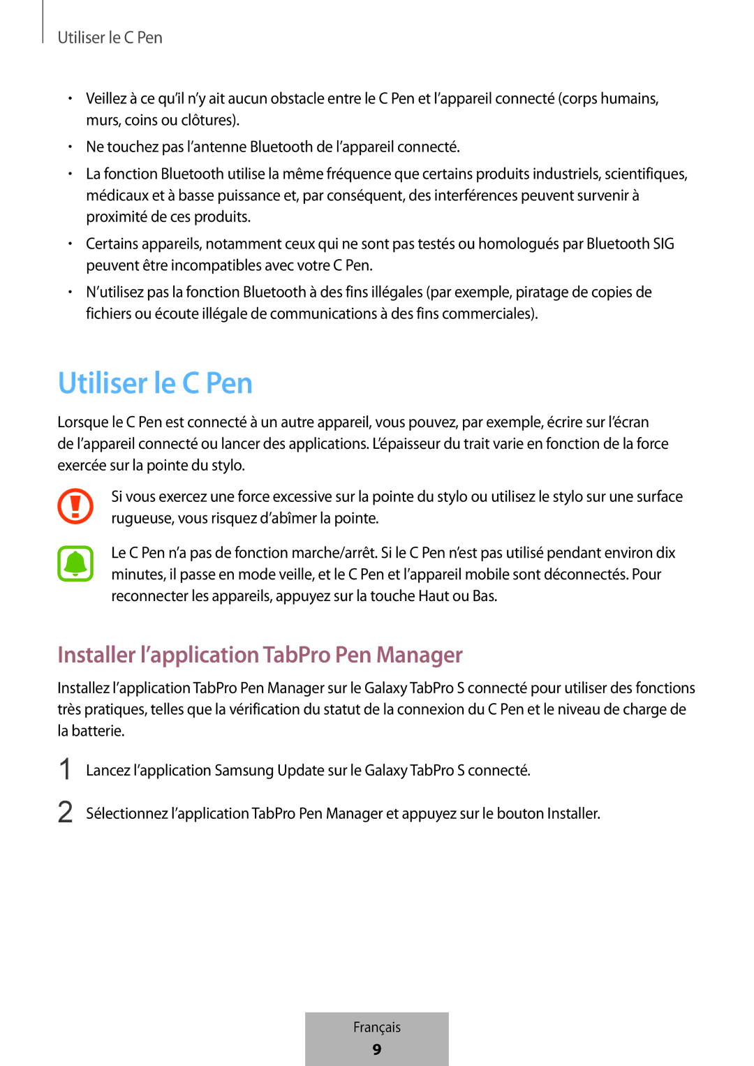 Samsung EJ-PW700CBEGWW manual Utiliser le C Pen, Installer l’application TabPro Pen Manager 