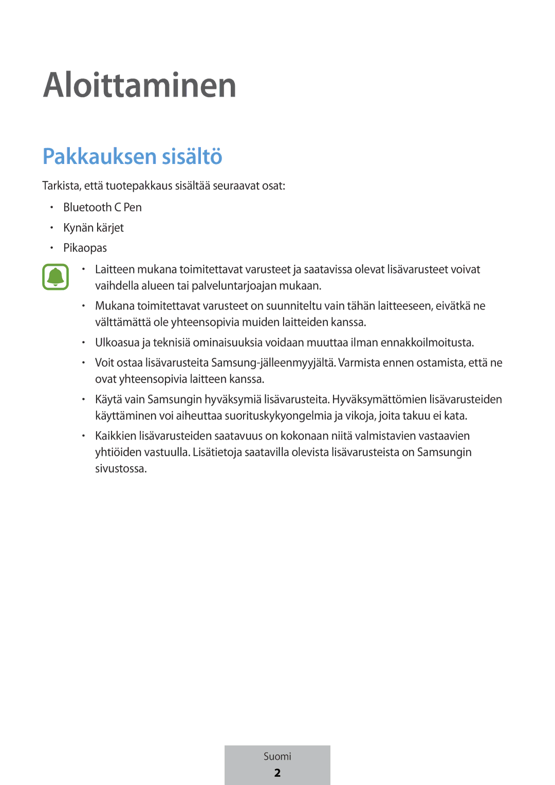 Samsung EJ-PW700CBEGWW manual Aloittaminen, Pakkauksen sisältö 