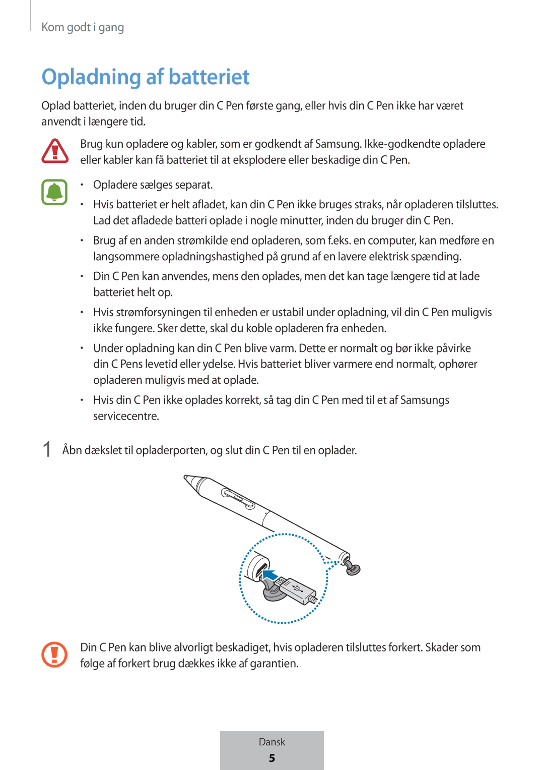 Samsung EJ-PW700CBEGWW manual Opladning af batteriet, Opladere sælges separat, Batteriet helt op, Servicecentre 