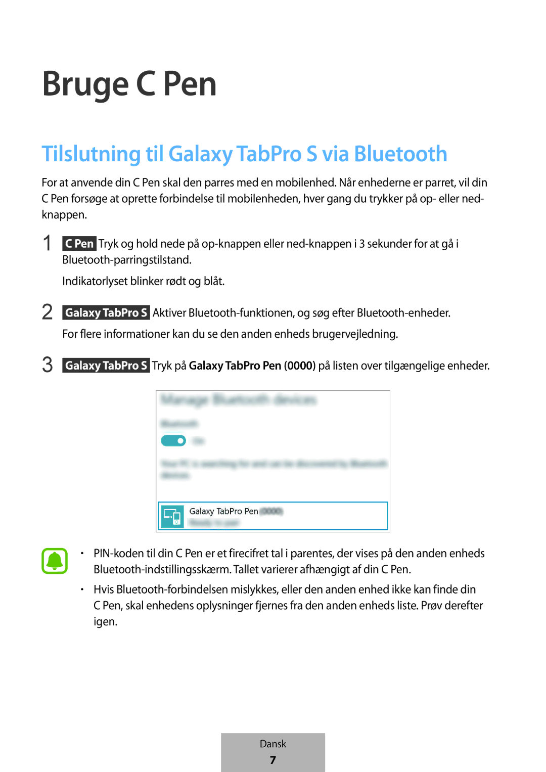 Samsung EJ-PW700CBEGWW manual Bruge C Pen, Tilslutning til Galaxy TabPro S via Bluetooth 