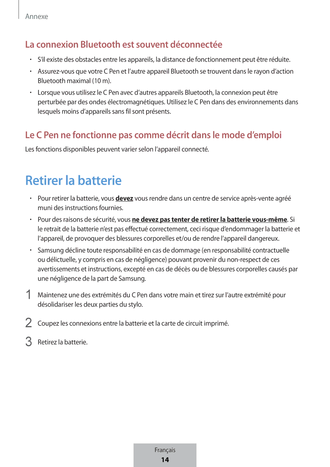 Samsung EJ-PW700CBEGWW manual Retirer la batterie, La connexion Bluetooth est souvent déconnectée 