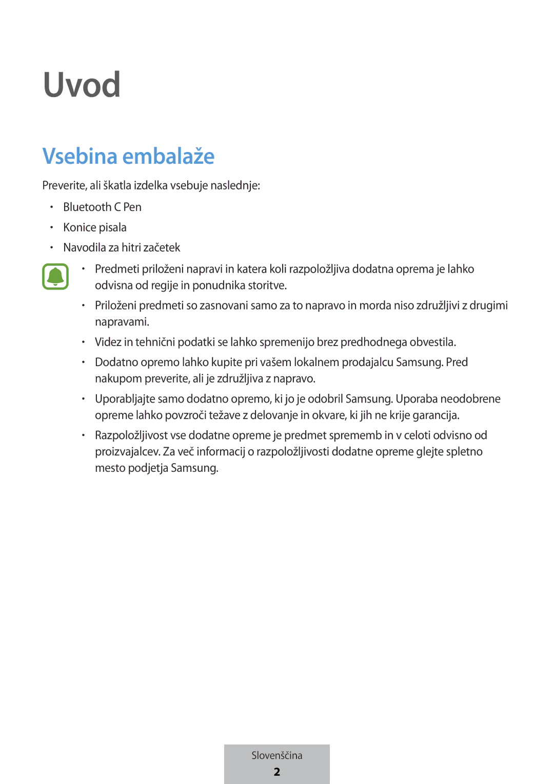 Samsung EJ-PW700CBEGWW manual Uvod, Vsebina embalaže 