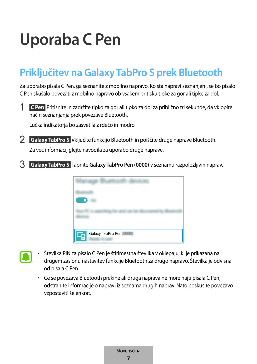 Samsung EJ-PW700CBEGWW manual Uporaba C Pen, Priključitev na Galaxy TabPro S prek Bluetooth 