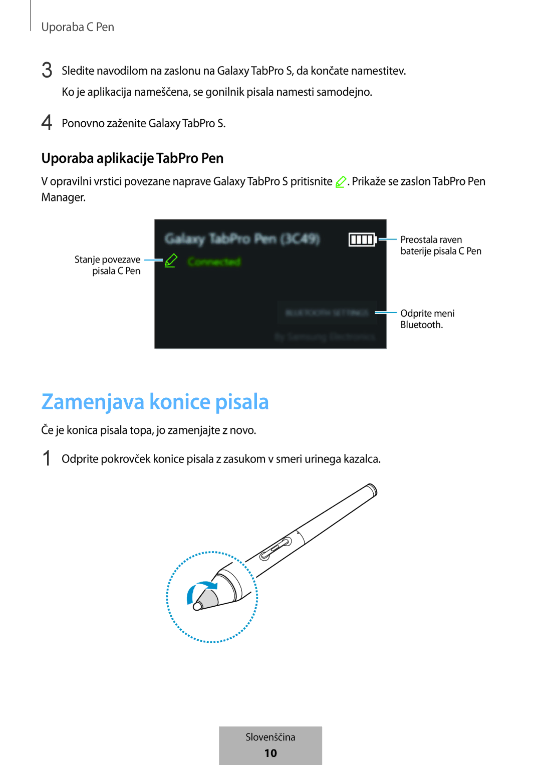 Samsung EJ-PW700CBEGWW manual Zamenjava konice pisala, Uporaba aplikacije TabPro Pen 