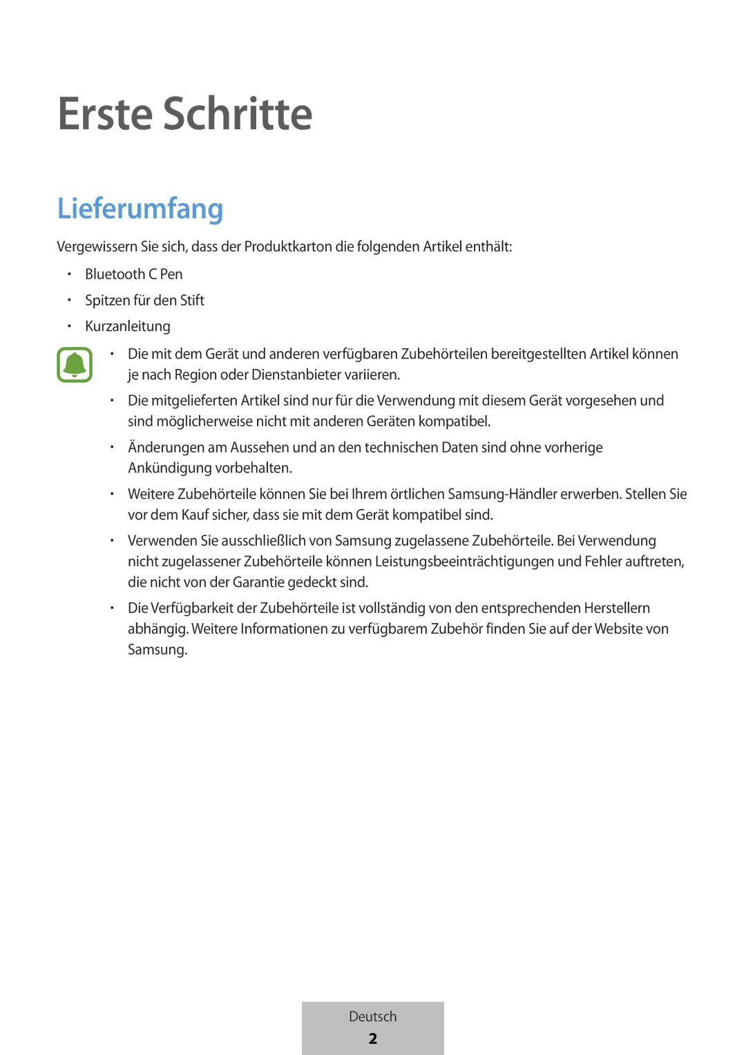 Samsung EJ-PW700CBEGWW manual Erste Schritte, Lieferumfang 