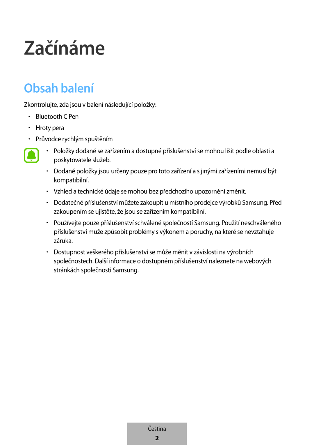 Samsung EJ-PW700CBEGWW manual Začínáme, Obsah balení 