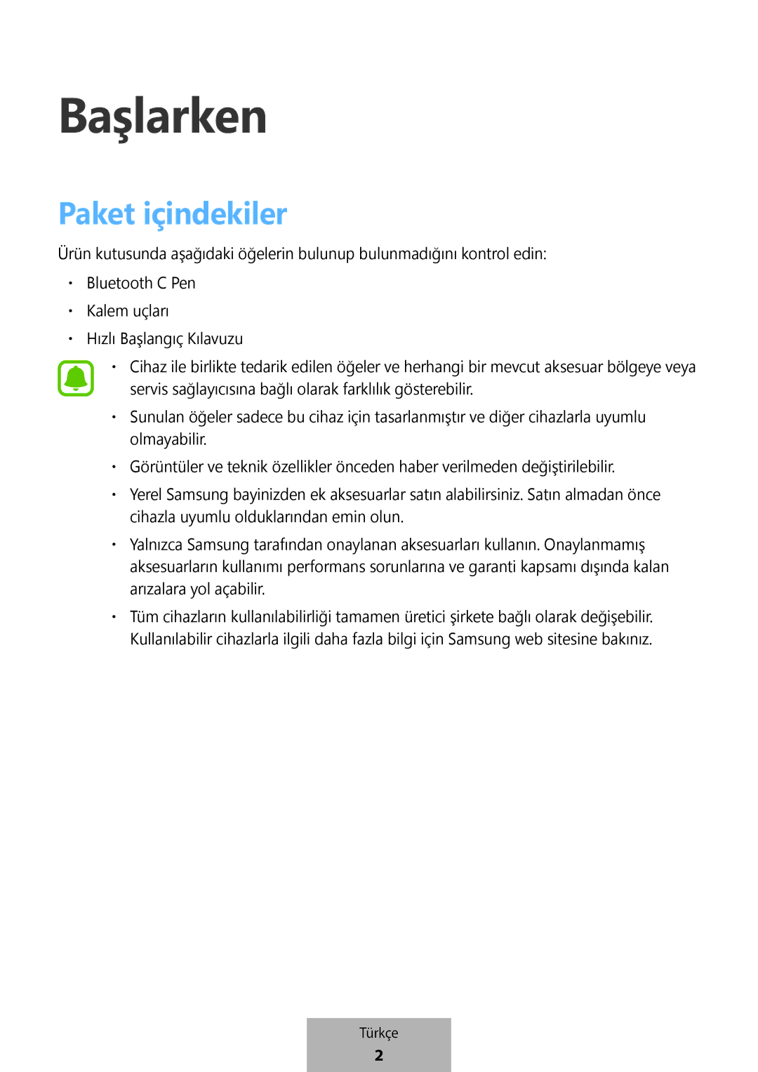 Samsung EJ-PW700CBEGWW manual Başlarken, Paket içindekiler 