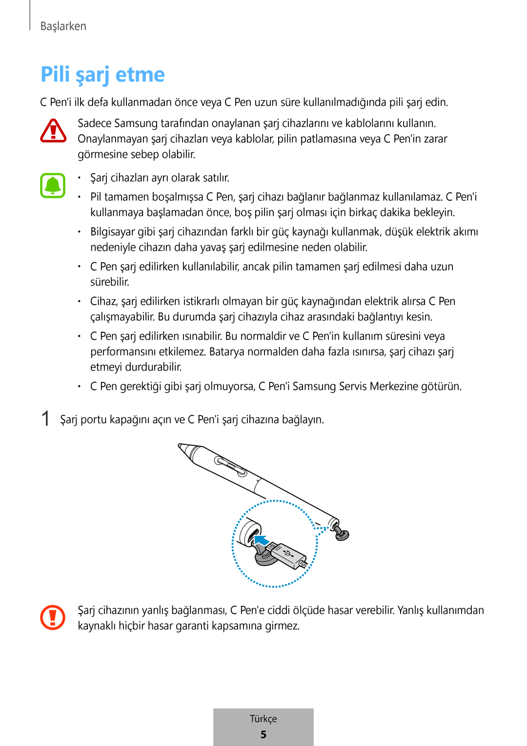 Samsung EJ-PW700CBEGWW manual Pili şarj etme 