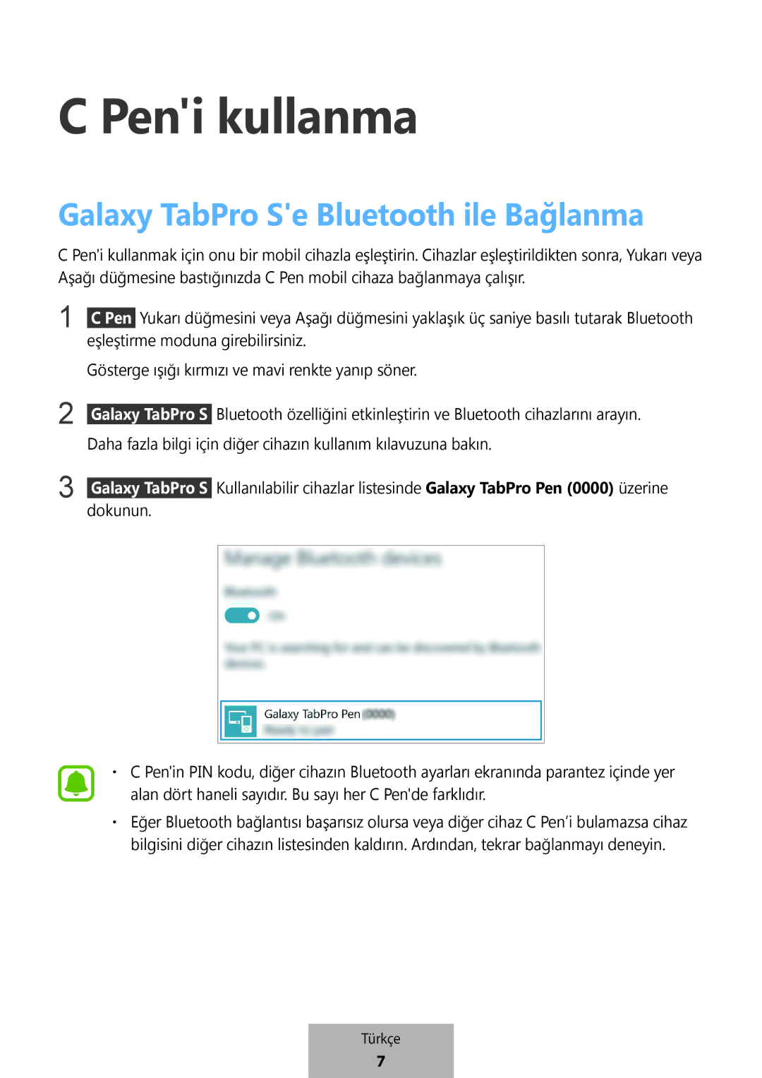 Samsung EJ-PW700CBEGWW manual Peni kullanma, Galaxy TabPro Se Bluetooth ile Bağlanma 