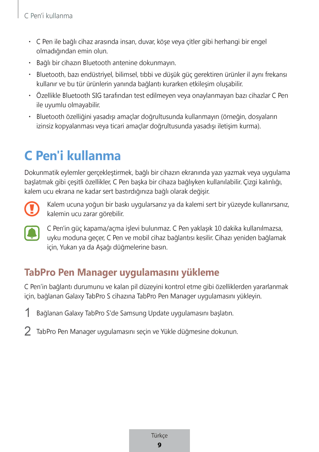 Samsung EJ-PW700CBEGWW manual Peni kullanma, TabPro Pen Manager uygulamasını yükleme 