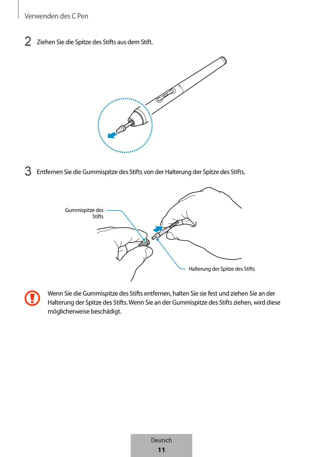 Samsung EJ-PW700CBEGWW manual Gummispitze des Stifts Halterung der Spitze des Stifts 