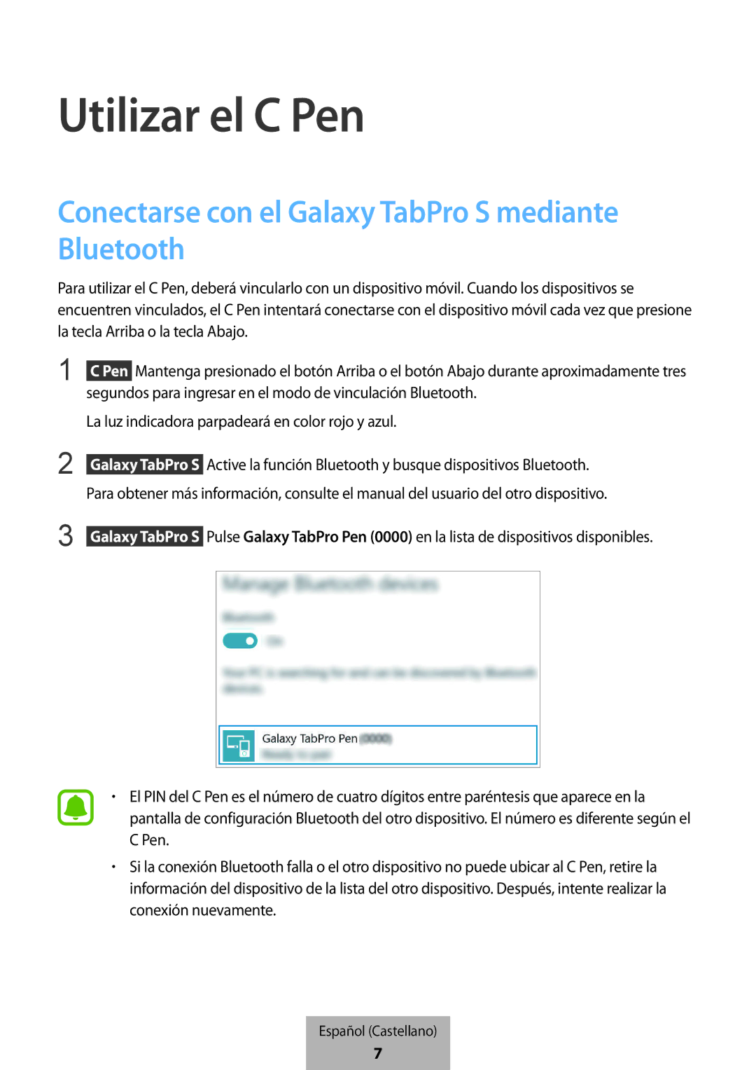 Samsung EJ-PW700CBEGWW manual Utilizar el C Pen, Conectarse con el Galaxy TabPro S mediante Bluetooth 