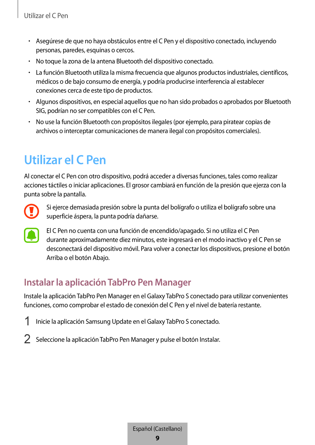 Samsung EJ-PW700CBEGWW manual Utilizar el C Pen, Instalar la aplicación TabPro Pen Manager 
