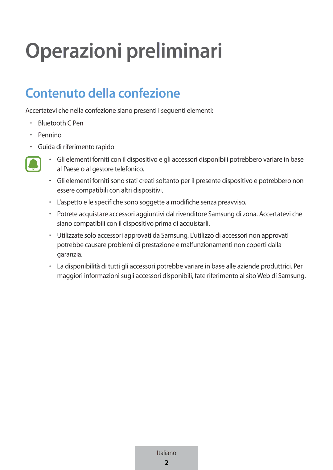 Samsung EJ-PW700CBEGWW manual Operazioni preliminari, Contenuto della confezione 