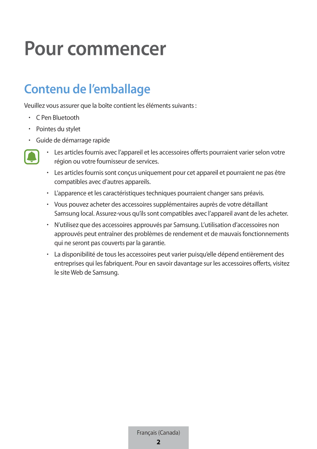 Samsung EJ-PW700CBEGWW manual Pour commencer, Contenu de l’emballage 