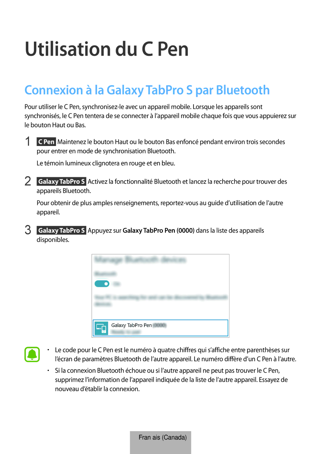 Samsung EJ-PW700CBEGWW manual Utilisation du C Pen, Connexion à la Galaxy TabPro S par Bluetooth 