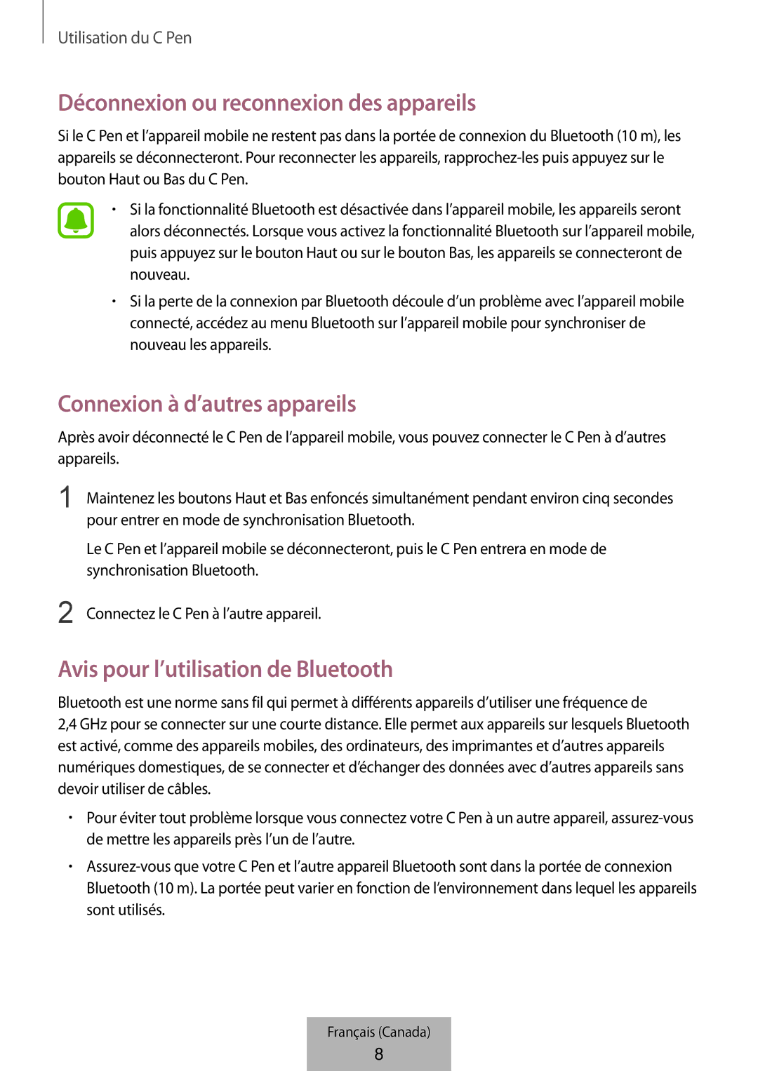 Samsung EJ-PW700CBEGWW manual Déconnexion ou reconnexion des appareils, Connexion à d’autres appareils 