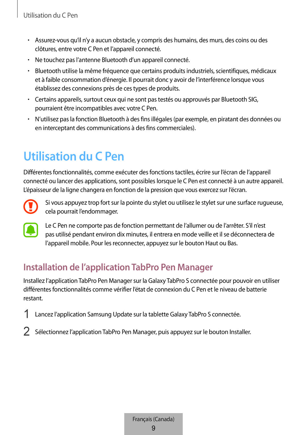 Samsung EJ-PW700CBEGWW manual Utilisation du C Pen, Installation de l’application TabPro Pen Manager 