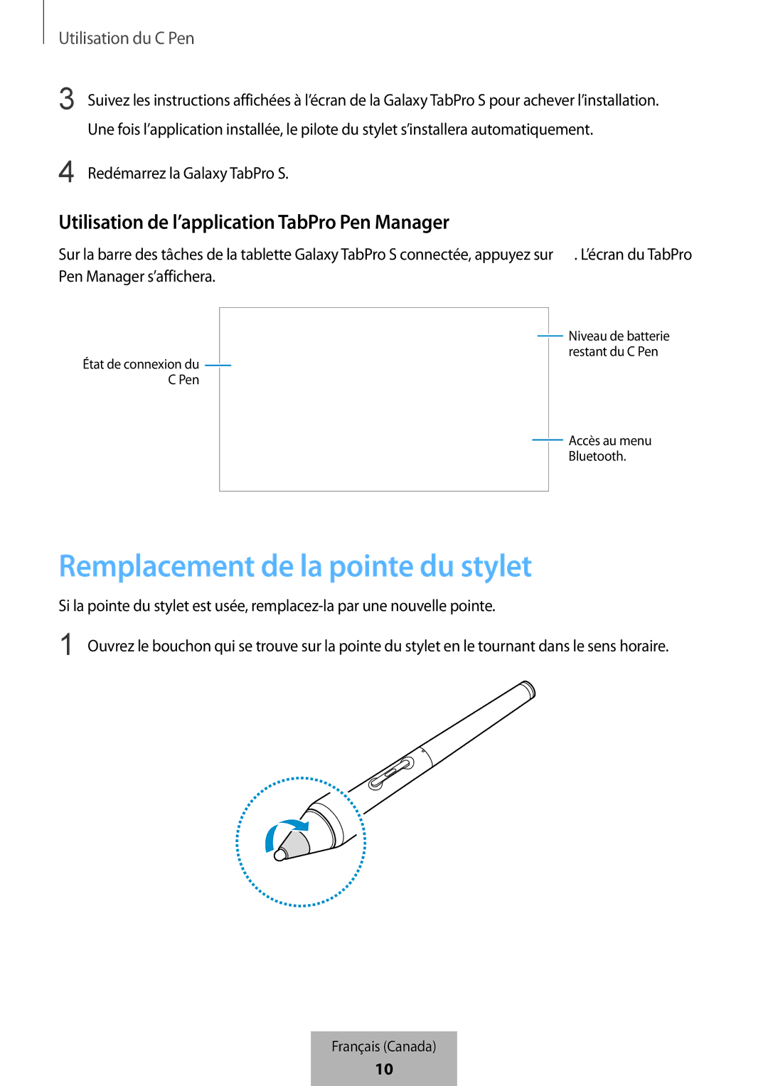 Samsung EJ-PW700CBEGWW manual Remplacement de la pointe du stylet, Utilisation de l’application TabPro Pen Manager 