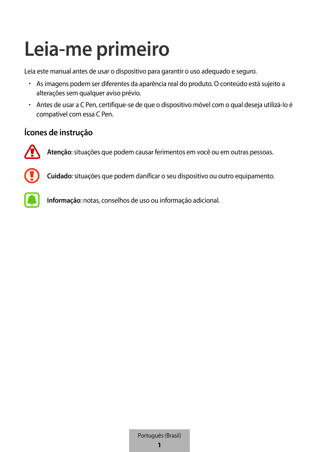 Samsung EJ-PW700CBEGWW manual Leia-me primeiro, Ícones de instrução 