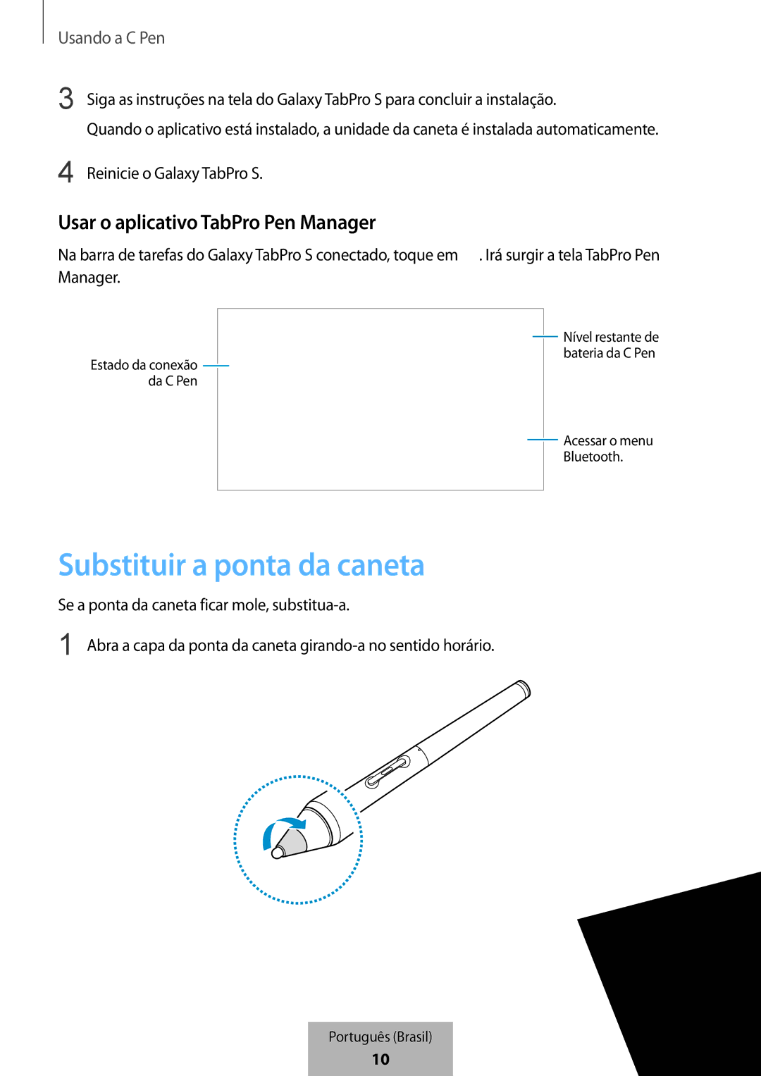 Samsung EJ-PW700CBEGWW manual Usar o aplicativo TabPro Pen Manager, Reinicie o Galaxy TabPro S 