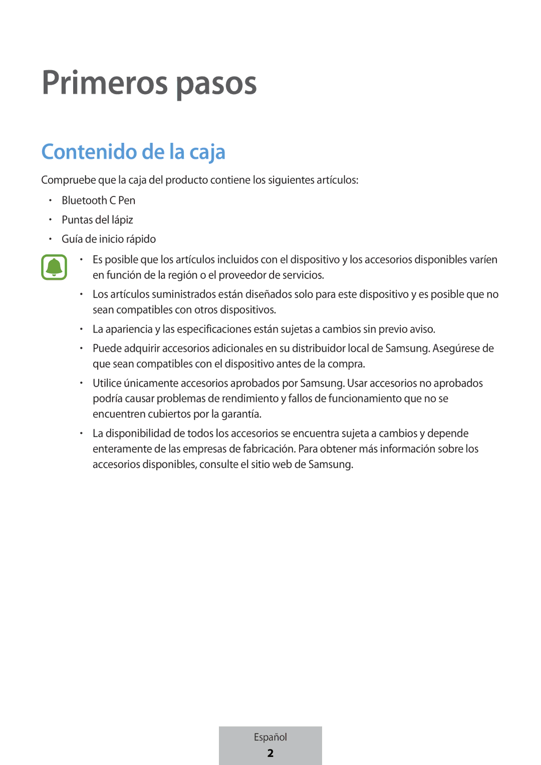 Samsung EJ-PW700CBEGWW manual Primeros pasos, Contenido de la caja 