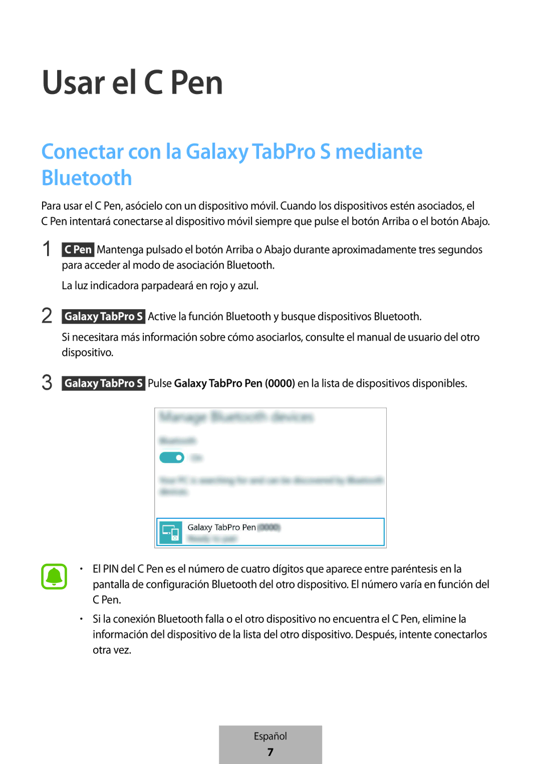 Samsung EJ-PW700CBEGWW manual Usar el C Pen, Conectar con la Galaxy TabPro S mediante Bluetooth 