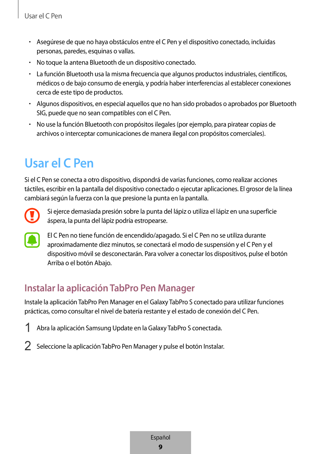 Samsung EJ-PW700CBEGWW manual Usar el C Pen, Instalar la aplicación TabPro Pen Manager 