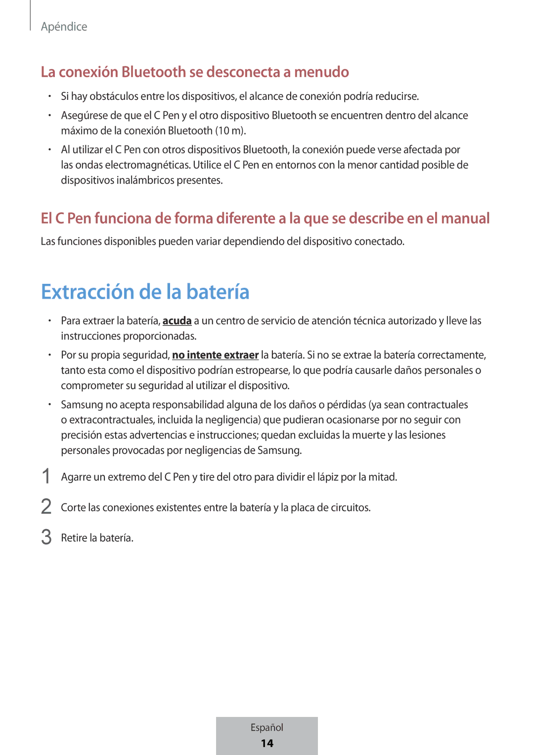 Samsung EJ-PW700CBEGWW manual Extracción de la batería, La conexión Bluetooth se desconecta a menudo 