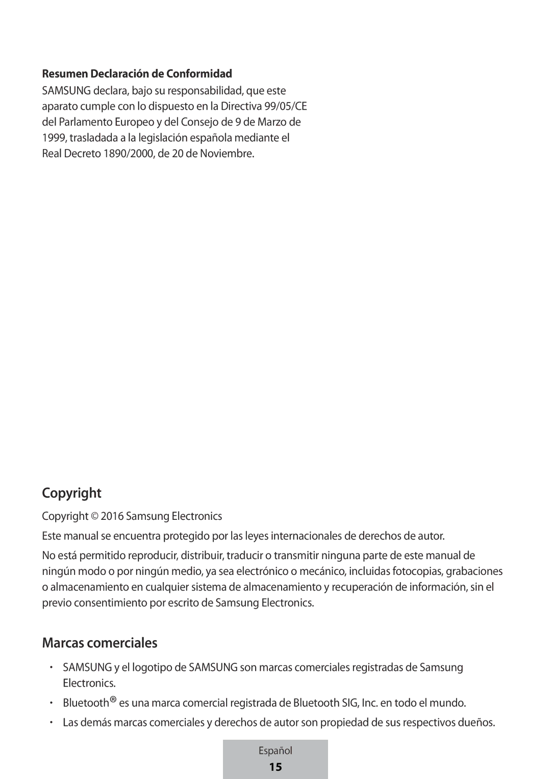 Samsung EJ-PW700CBEGWW manual Marcas comerciales, Resumen Declaración de Conformidad 