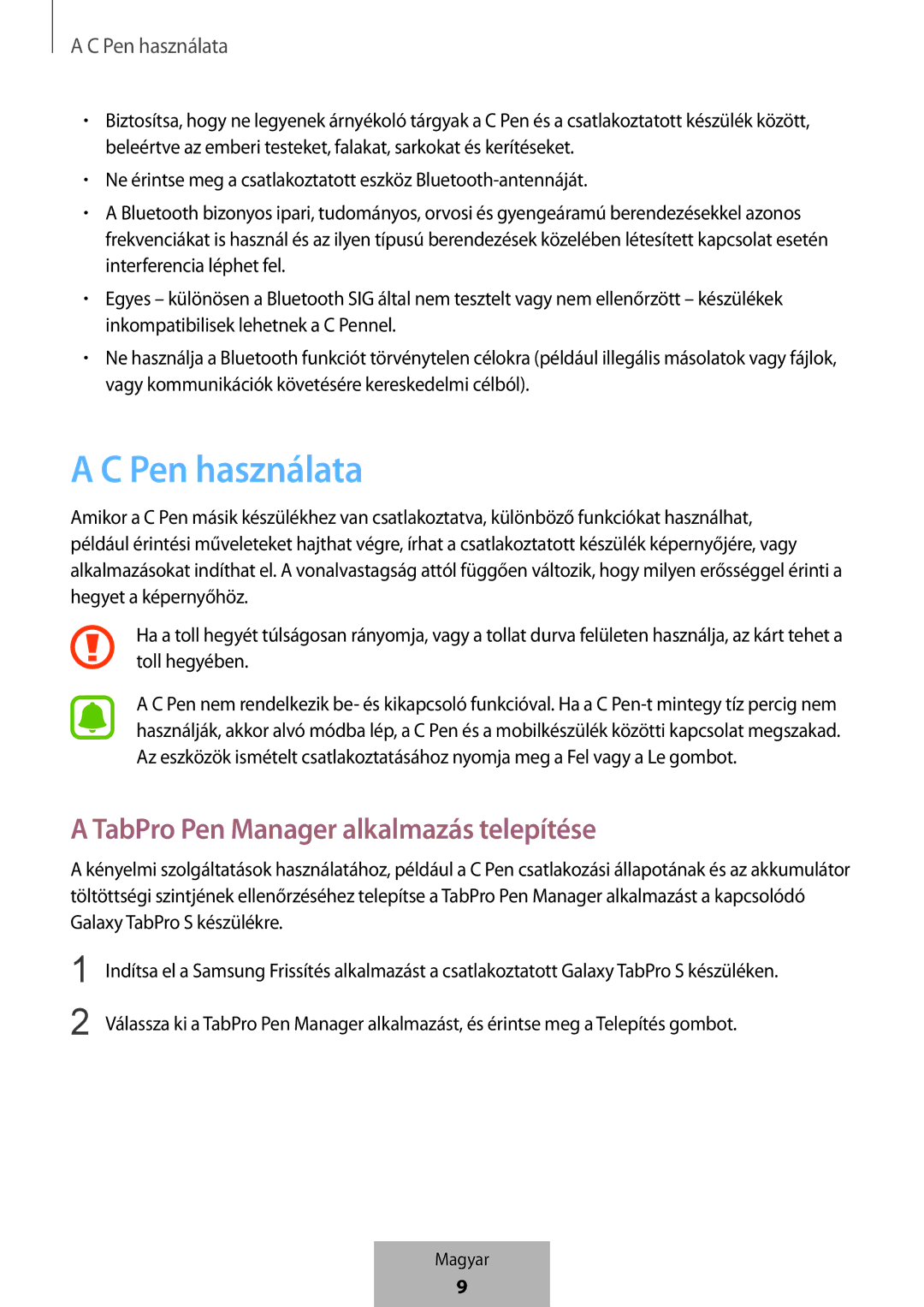 Samsung EJ-PW700CBEGWW manual Pen használata, TabPro Pen Manager alkalmazás telepítése 