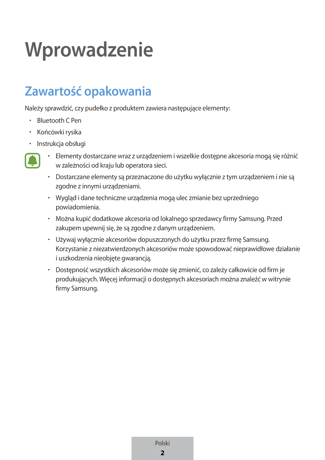 Samsung EJ-PW700CBEGWW manual Wprowadzenie, Zawartość opakowania 