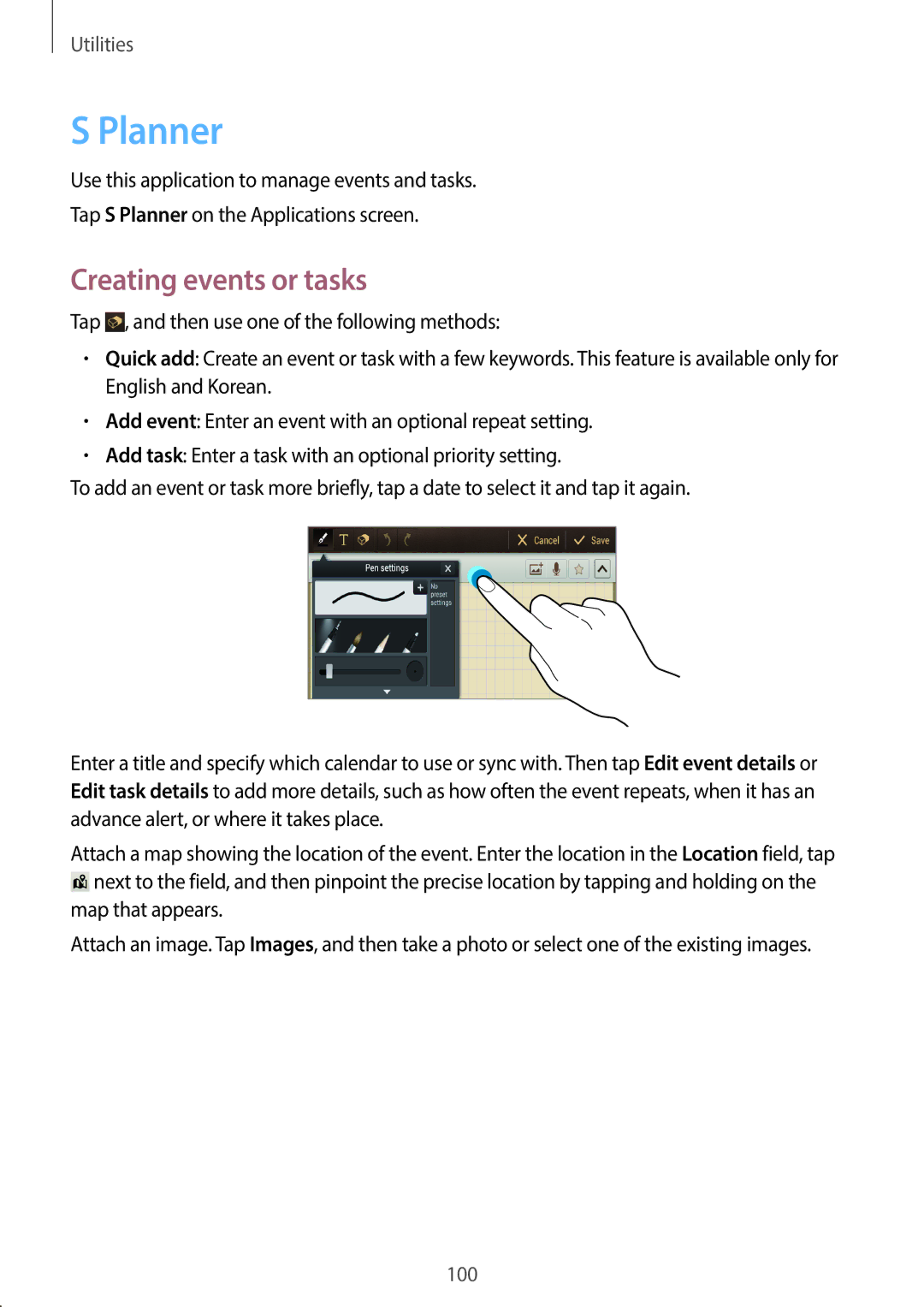 Samsung EK-GC100 user manual Planner, Creating events or tasks 