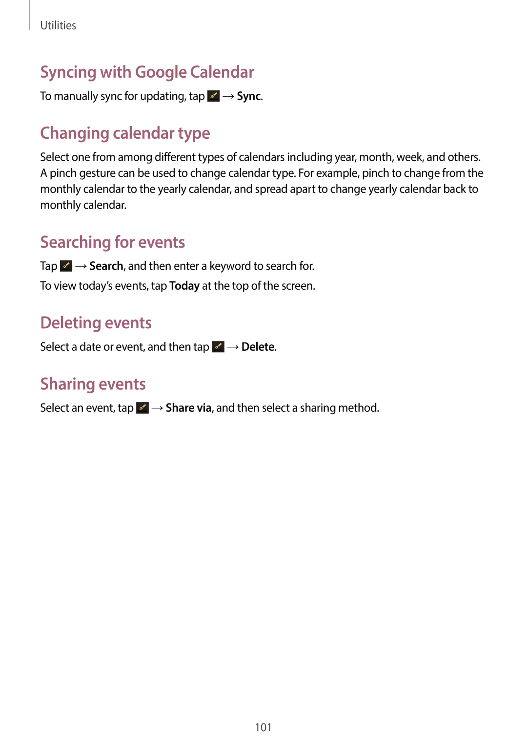 Samsung EK-GC100 user manual Syncing with Google Calendar, Changing calendar type, Searching for events, Deleting events 