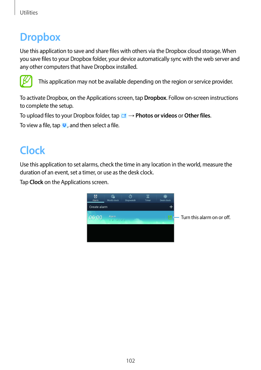 Samsung EK-GC100 user manual Dropbox, Clock 