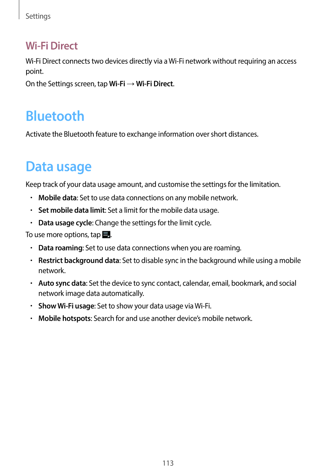 Samsung EK-GC100 user manual Data usage, Wi-Fi Direct 