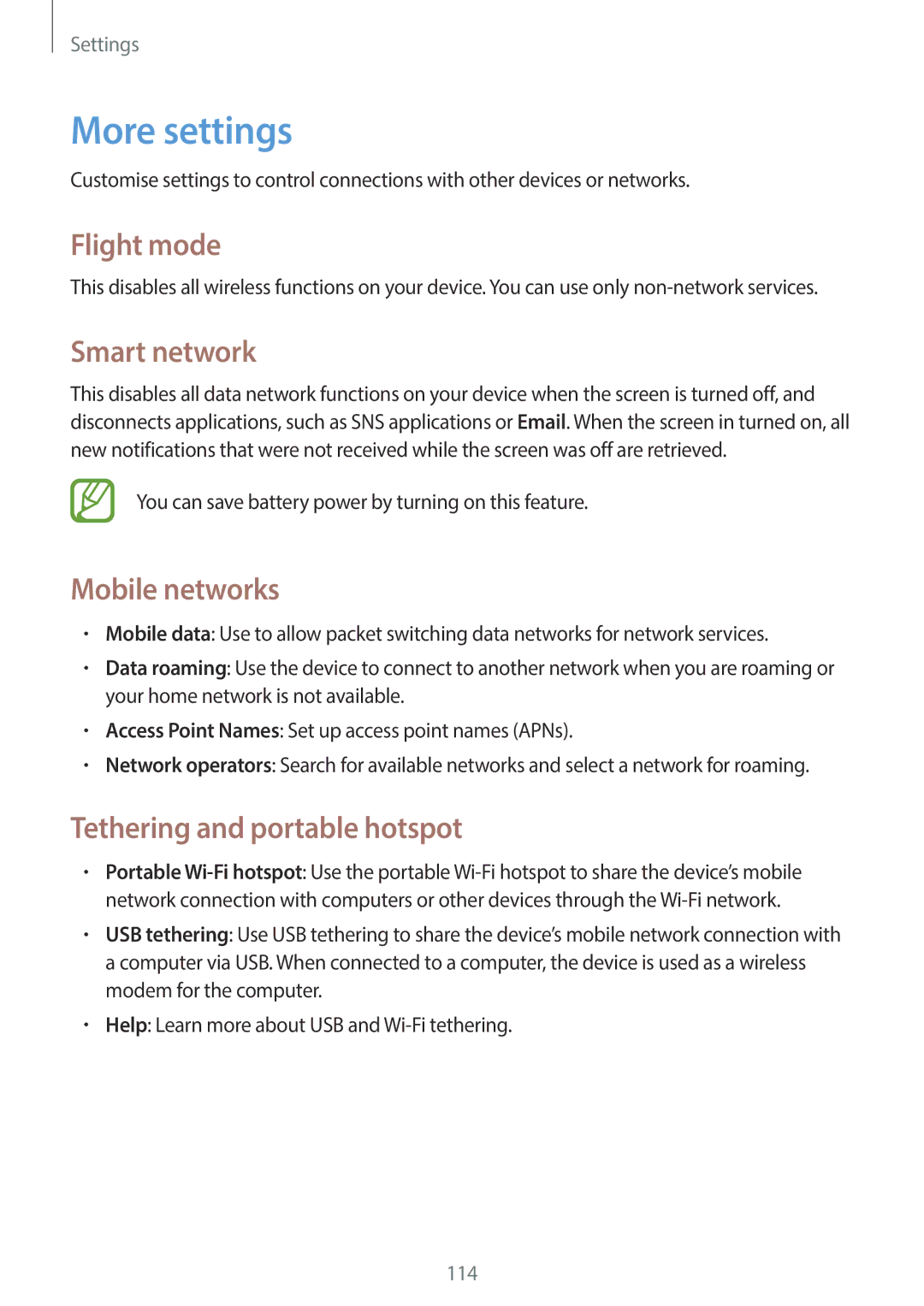 Samsung EK-GC100 user manual More settings, Flight mode, Smart network, Mobile networks, Tethering and portable hotspot 