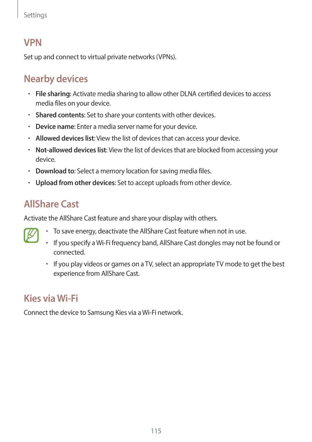 Samsung EK-GC100 user manual Nearby devices, AllShare Cast, Kies via Wi-Fi 