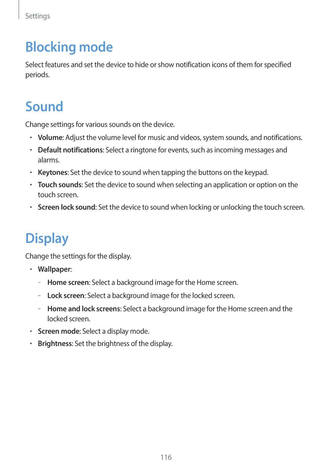 Samsung EK-GC100 user manual Blocking mode, Sound, Display, Wallpaper 